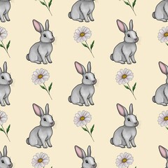 Cute Bunny with Daisy Small Design on Pastel Yellow Background