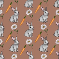 Cute Bunny with Daisy and Carrot Seamless Pattern Small Design on Mocha Mosses Background