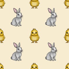Cute Bunny and Chick Seamless Pattern Small Design on Pastel Yellow Background