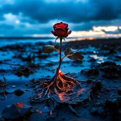 A single red rose growing out of the ground on a beach