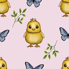 Cute Chick with Butterfly and Leaves Big Design on Pastel Pink Background