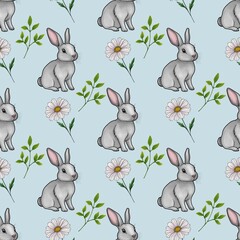 Cute Bunny with Daisy and Leaves Seamless Pattern Small Design on Pastel Blue Background