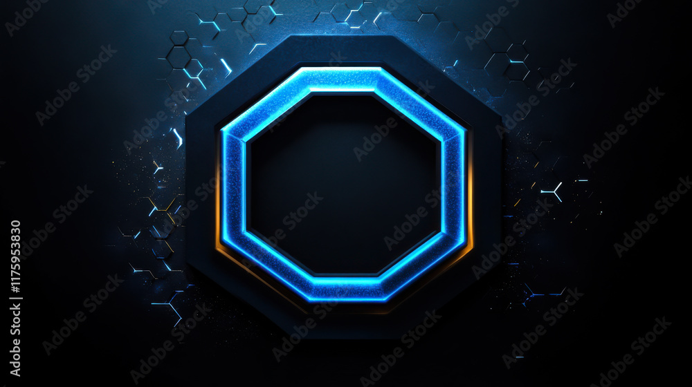 Aufkleber digital octagonal frame with glowing blue elements against a dark background in a futuristic style
