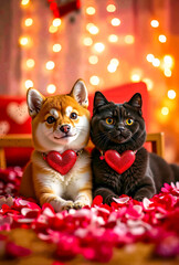 Fototapeta premium A dog and a cat laying on a bed of petals with hearts