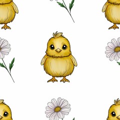 Cute Chick with Daisy Seamless Pattern on White Background