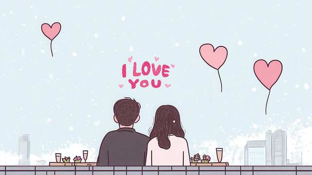A couple sits together, surrounded by heart-shaped balloons, with "I love you" written above them, capturing a romantic moment.