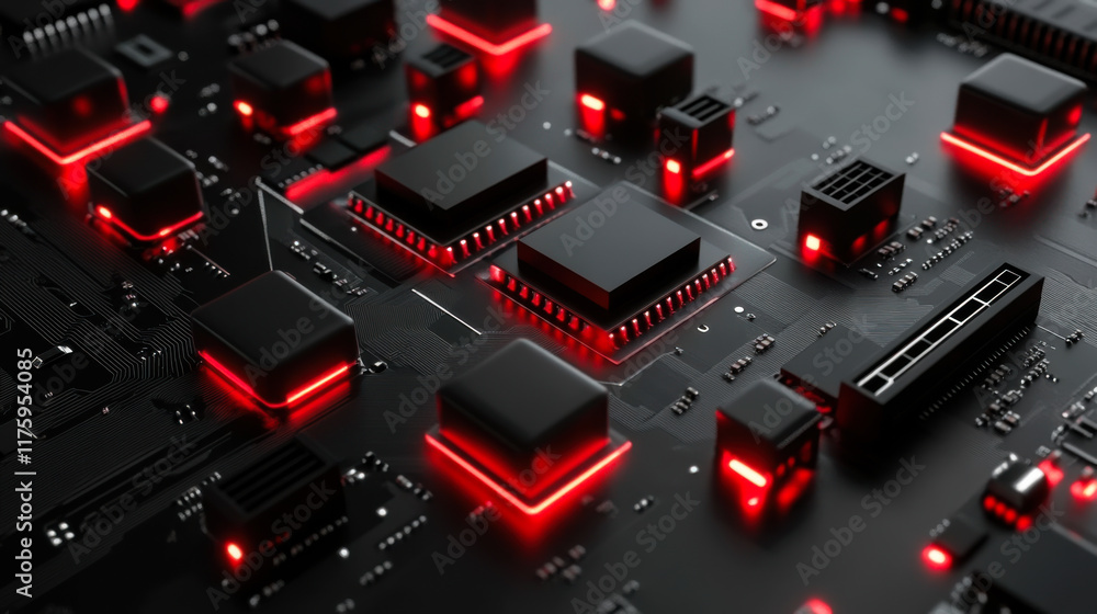 Poster circuit board with glowing red components showcasing advanced technology and design