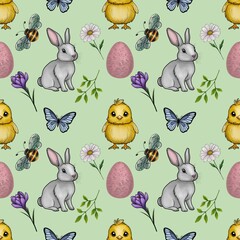 Cute Easter Bunny and Chick with Spring Easter Element Seamless Pattern Small Design on Pastel Green Background