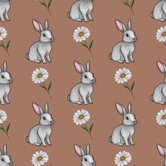 Cute Bunny with Daisy Small Design on Mocha Mosses Background