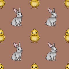 Cute Bunny and Chick Seamless Pattern Small Design on Mocha Mosses Background
