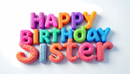Naklejka premium Happy Birthday Sister. 3D HD Letters for wishing in vibrant colours, candles, sweets, glitter, and candies letters for the birthday celebration. isolated on a white background.