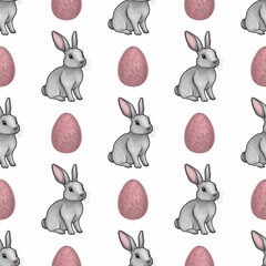 Cute Bunny with Pink Eggs Seamless Pattern Small Design on White Background