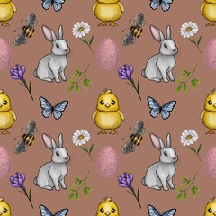 Cute Easter Bunny and Chick with Spring Easter Elements Seamless Pattern Small Design on Mocha Mosses Background