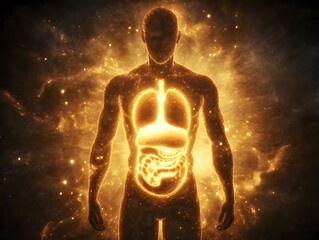 Glowing Stomach Core Silhouetted Body Representing Digestion and Energy