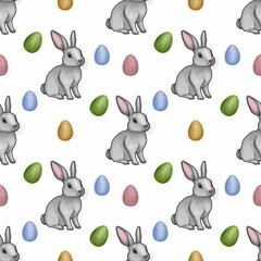Cute Bunny with Colorful Eggs Seamless Pattern Small Design on White Background