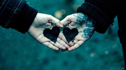 Two hands holding two black hearts