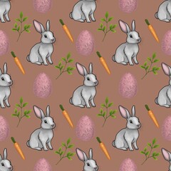 Cute Bunny with Pink Eggs and Leaves and Carrot Seamless Pattern Small Design on Mocha Mosses Background