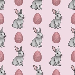 Cute Bunny with Pink Eggs Seamless Pattern Small Design on Pastel Pink Background