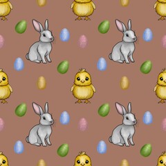 Cute Bunny and Chick with Colorful Eggs Small Design on Mocha Mosses Background
