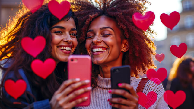 Two women taking a selfie with hearts flying around them