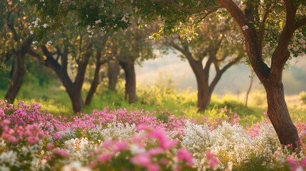 Naklejka premium Sandalwood Trees in Bloom: Sandalwood trees in full bloom, surrounded by a carpet of fragrant pink and white flowers, with a gentle wind carrying their intoxicating scent through the air