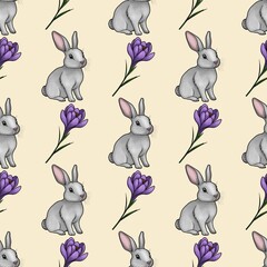 Cute Bunny with Crocus Seamless Pattern Small Design on Pastel Yellow Background