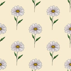 Daisy Seamless Pattern Small Design on Pastel Yellow Background