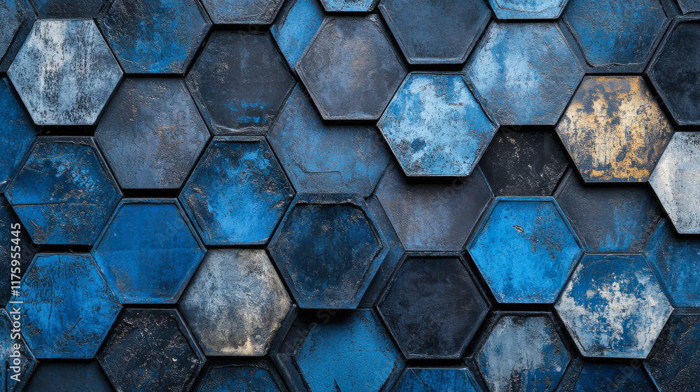 Poster vibrant blue hexagonal tiles arranged in an artistic pattern on a wall create a modern and stylish i