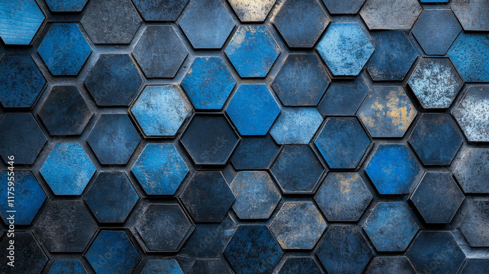 Poster vibrant blue hexagonal tiles arranged in an artistic pattern on a wall create a modern and stylish i
