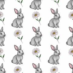 Cute Bunny with Daisy Small Design on White Background