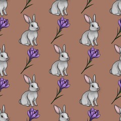 Cute Bunny with Crocus Seamless Pattern Small Design on Mocha Mosses Background