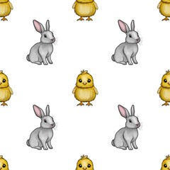 Cute Bunny and Chick Seamless Pattern Small Design on White Background