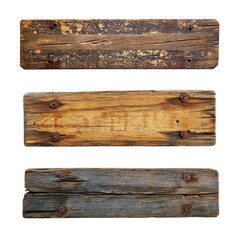 Rustic wooden signs in various shapes and colors arranged against a transparent background for decoration, wooden rustic old signs isolated on transparent background
