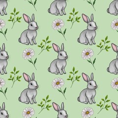 Cute Bunny with Daisy and Leaves Seamless Pattern Small Design on Pastel Green Background