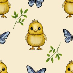 Cute Chick with Butterfly and Leaves Seamless Pattern Big Design on Pastel Yellow Background