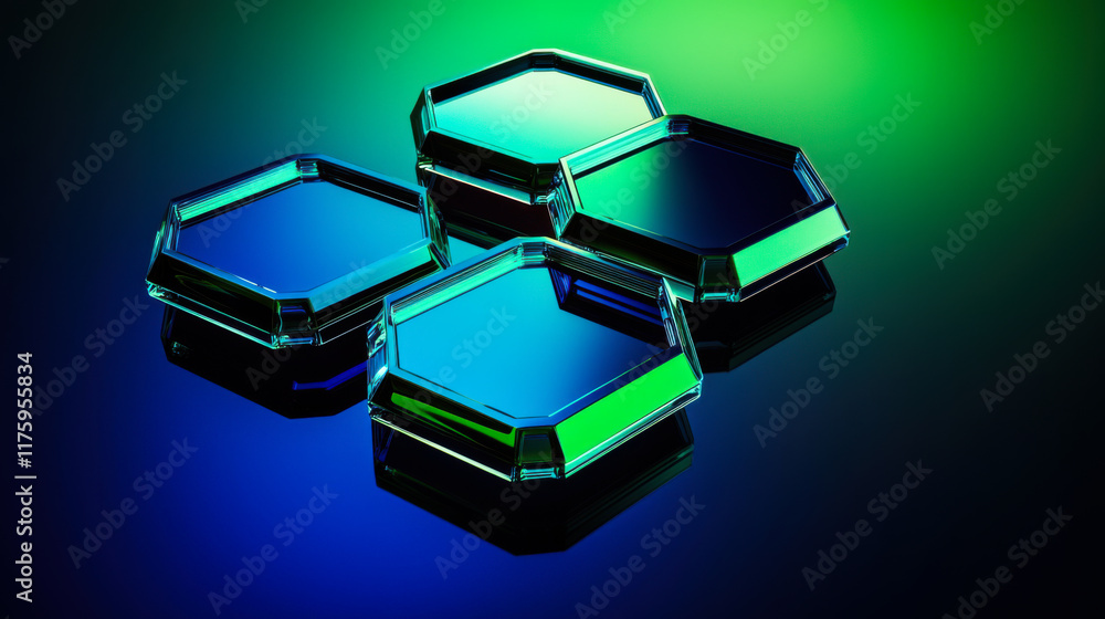 Poster shiny hexagonal metallic objects reflecting colorful light on a dark surface