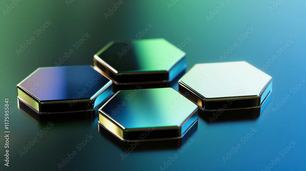 Poster shiny hexagonal metallic objects reflecting colorful light on a dark surface