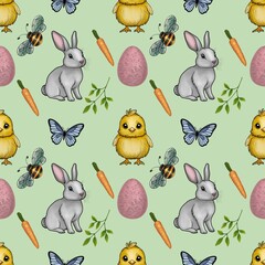 Cute Easter Bunny and Chick with Element Seamless Pattern Small Design on Pastel Green Background