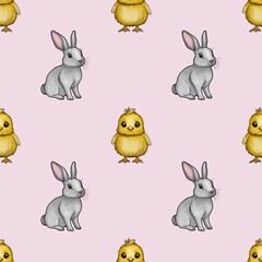 Cute Bunny and Chick Seamless Pattern Small Design on Pastel Pink Background