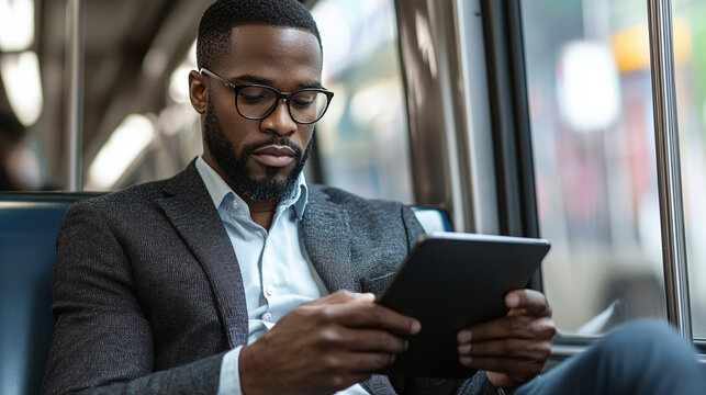 African american businessman sitting on a subway train, using a tablet for work, commuter passenger traveling for business, technology and connectivity in public transportation.