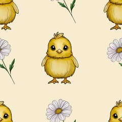 Cute Chick with Daisy Seamless Pattern on Pastel Yellow Background
