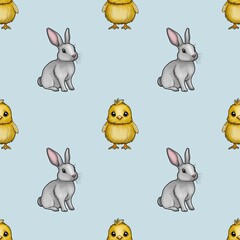 Cute Bunny and Chick Seamless Pattern Small Design on Pastel Blue Background