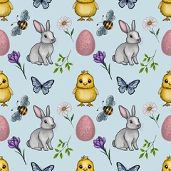 Cute Easter Bunny and Chick with Spring Easter Element Seamless Pattern Small Design on Pastel Blue Background