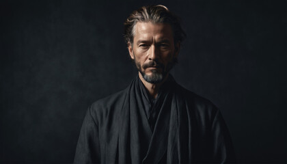 Fototapeta premium Portrait of a man in traditional attire showcasing a contemplative expression in a dimly lit ambiance