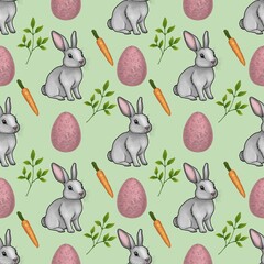 Cute Bunny with Pink Eggs and Leaves and Carrot Seamless Pattern Small Design on Pastel Green Background