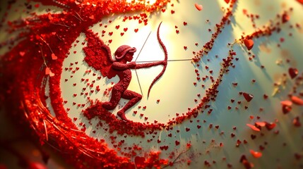 A cupid with a bow and arrow in the middle of a circle of hearts