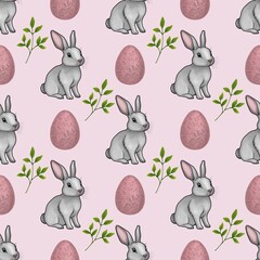 Cute Bunny with Pink Eggs and Leaves Seamless Pattern Small Design on Pastel Pink Background