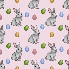 Cute Bunny with Colorful Eggs Seamless Pattern Small Design on Pastel Pink Background