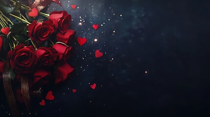 Festive Valentine's Day Red Roses Bouquet on Dark Background with Glitter and Bokeh Lights