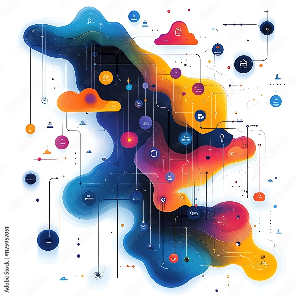Poster abstract diagram of customer journey mapping vibrant fluid shapes illustrating engagement strategies
